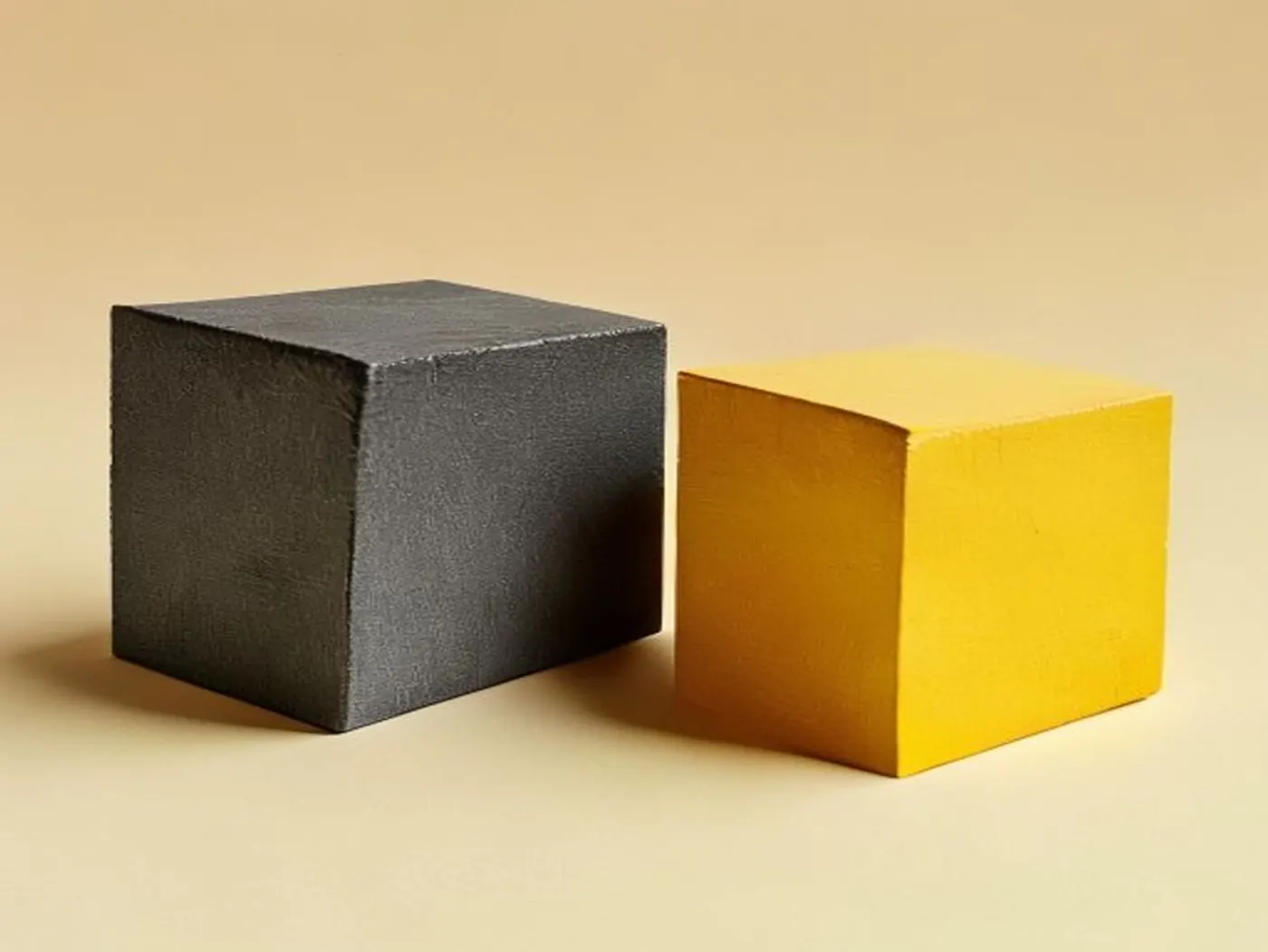 Un cube sombre et un cube jaune posés côte à côte, de tailles proches