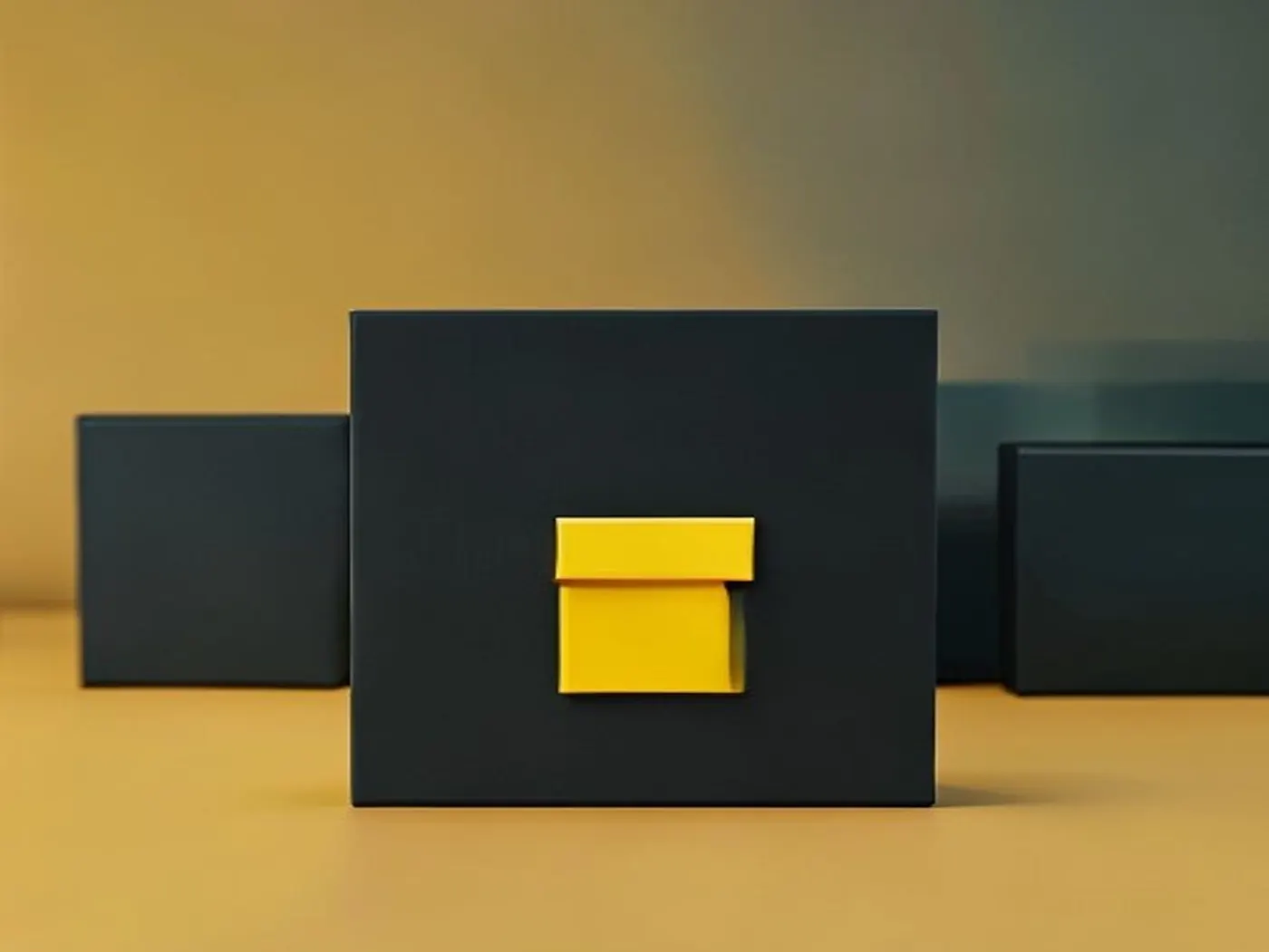 Une boîte sombre percée d'une petite porte jaune, d'autres boîtes floues derrière