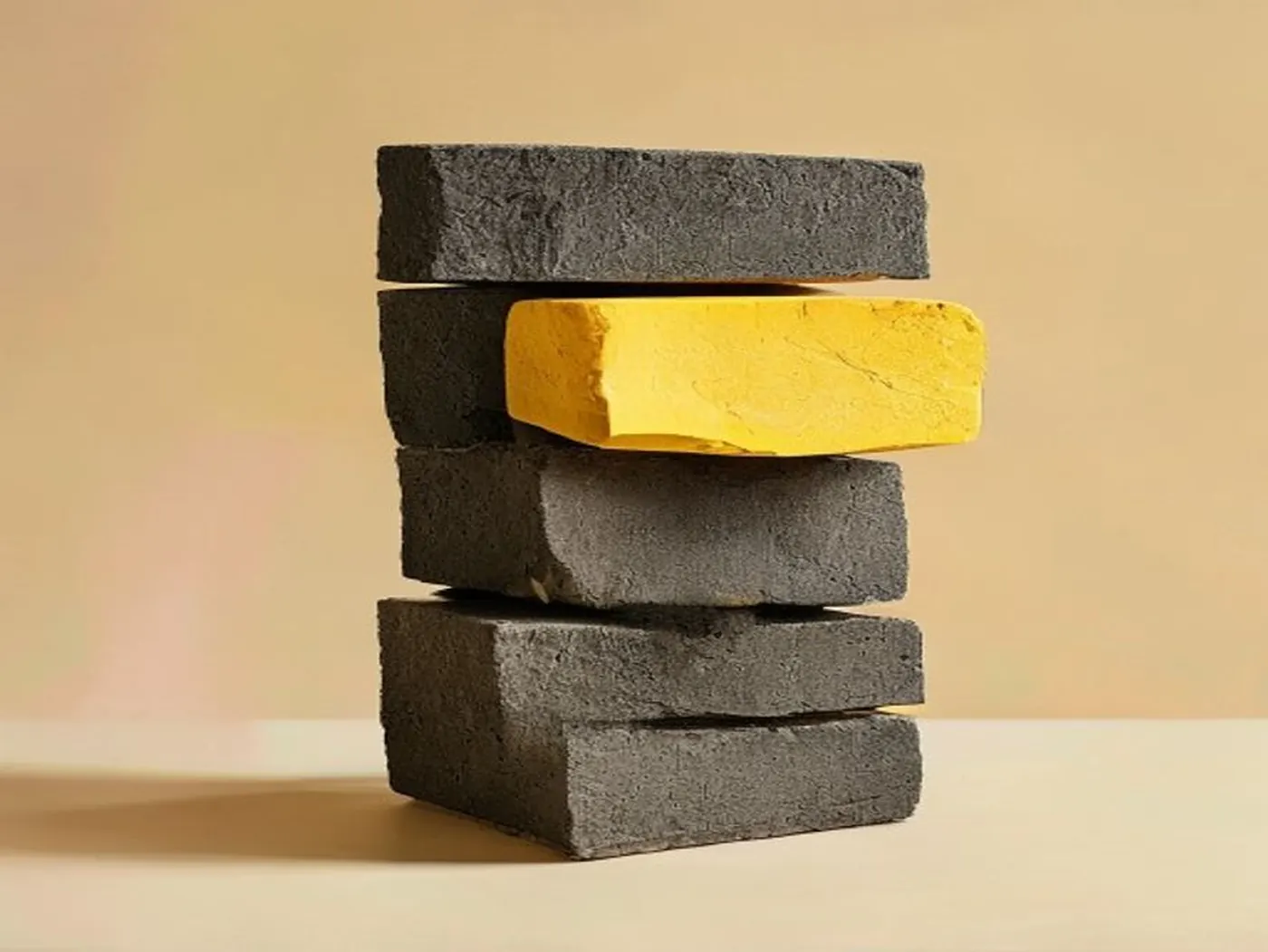 Une pile de dalles sombres qui penche, dont une dalle jaune glisse par le milieu