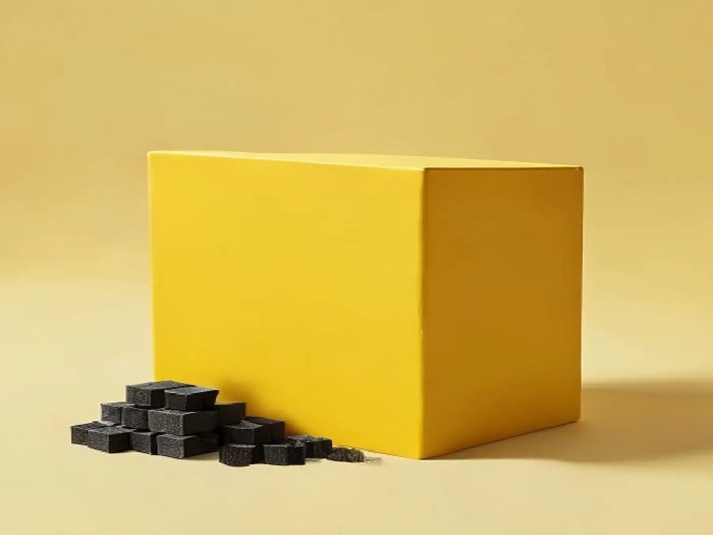 Un grand cube jaune posé à côté d'un petit tas de cubes sombres